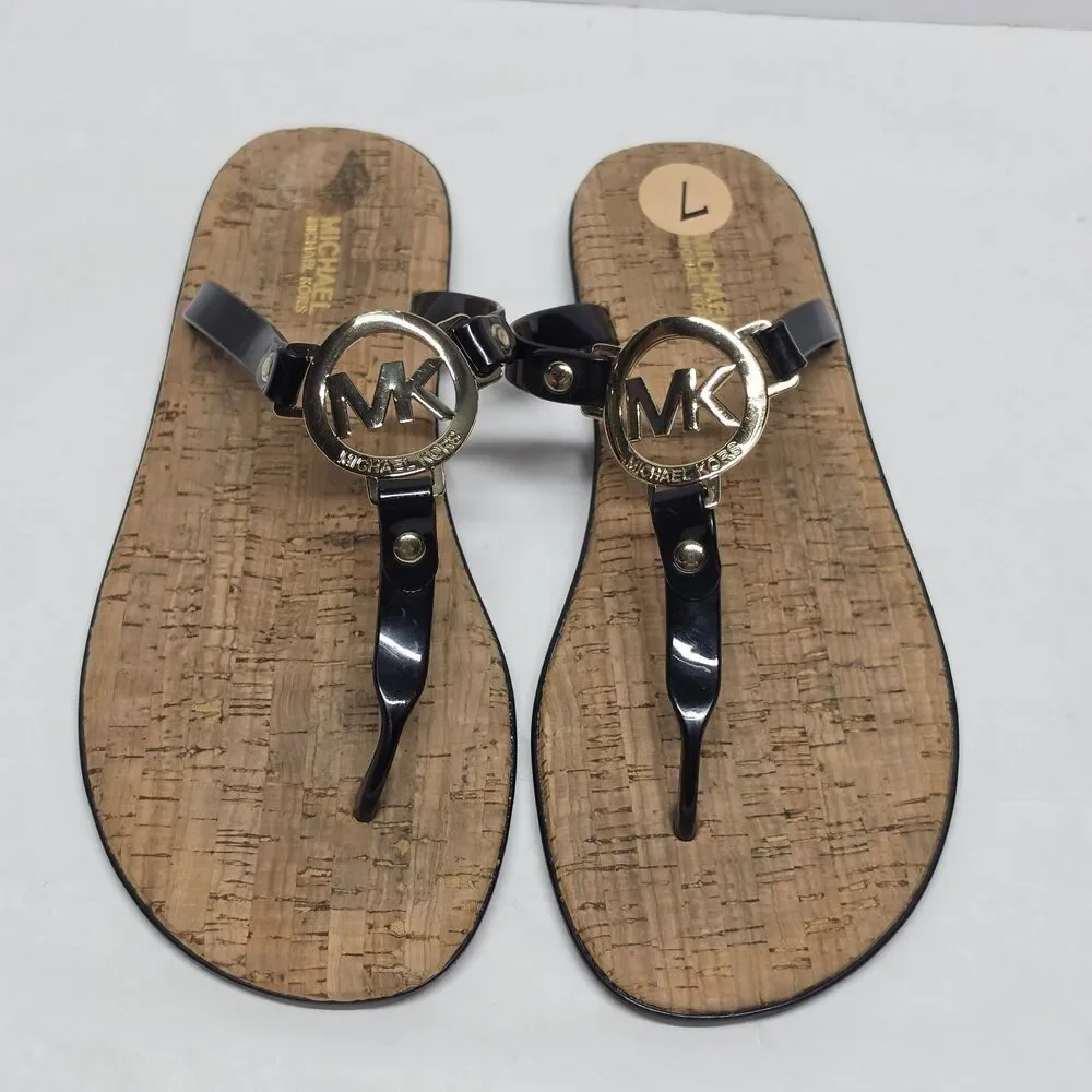 Michael Kors Women's 7 Black Jelly Thong T strap Sandals Gold Logo Cork Insoles